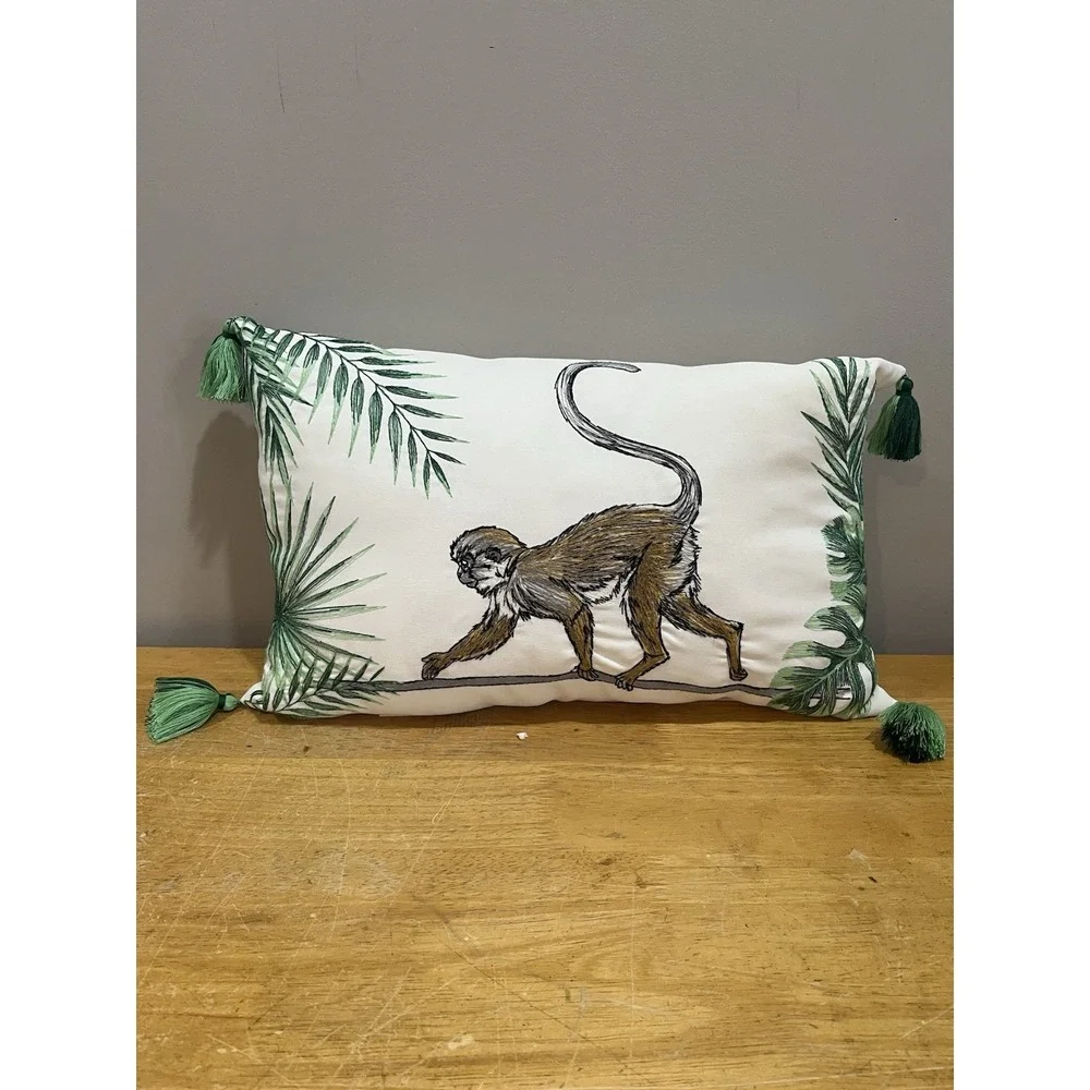 Pier 1‎ Monkey Palm Trees Throw Pillow 20x12 Green Brown Embroidered Tassels
